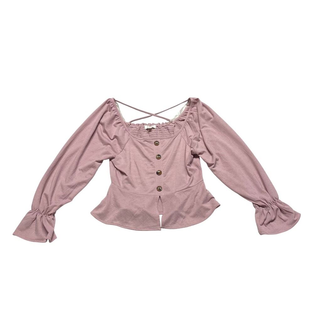 Peplum Blouse Womens Large Mauve Pink Smocked Flare‎ Sleeve Feminine Boho